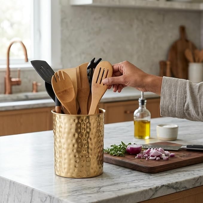 Monarch Abode Kitchen Utensil Holder – Hand Hammered Metal Brushed Gold Utensil Holder, Decorative Utensil Crock for Kitchen Counter, Cooking Tool and Spatula Holder for Countertop, Caddy Organizer - Image 6