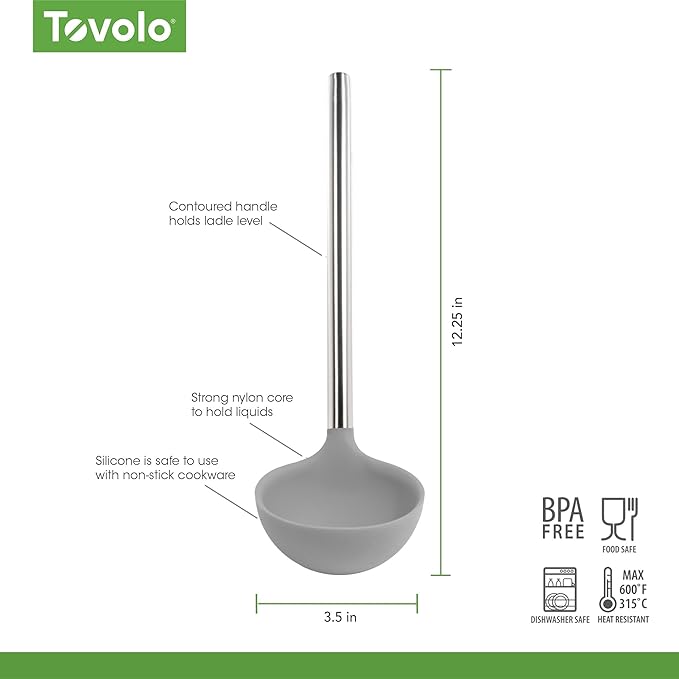 Tovolo Silicone Ladle With Stainless Steel Handle Deep Soup Ladle for Cooking Canning Serving Soup Punch Stew Sauce, Large Kitchen Utensil Spoon Dishwasher Safe BPA Free Silicone Oyster Gray - Image 6