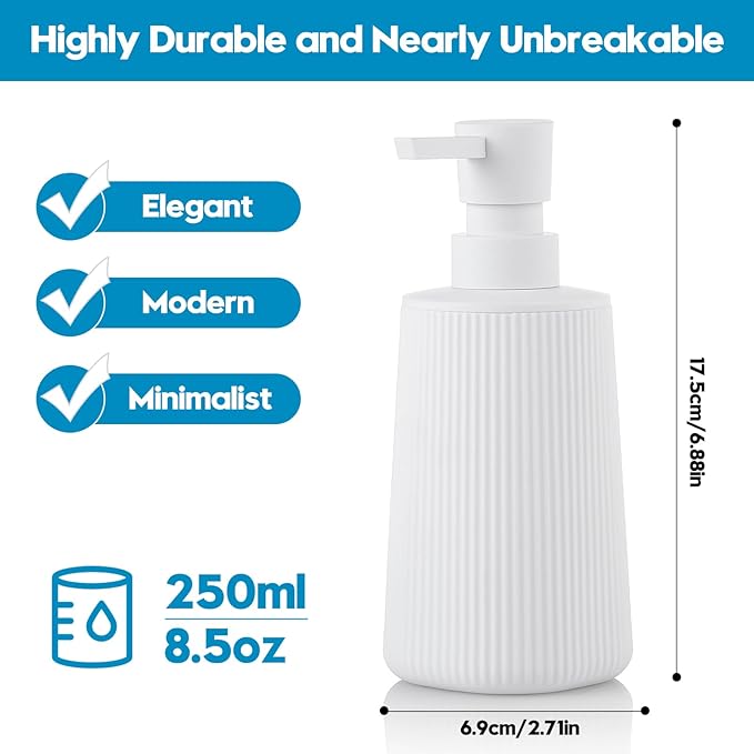 Small Soap Dispenser for Bathroom and Kitchen, Modern Farmhouse Striped Style Plastic Hand Soap Dish Soap Dispenser with Pump Matte White - Image 6