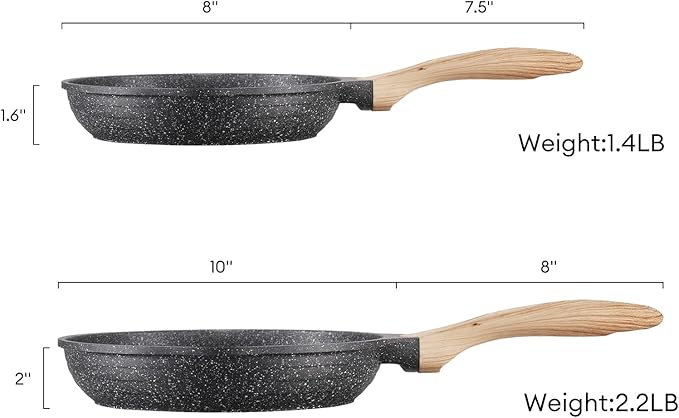 JEETEE Nonstick Frying Pans Set, Skillets Set 2 Pcs, 8" 10" Granite Non-Stick Frying pan, Nonstick Omelette Skillet with Soft Touch Handle, Grey - Image 9