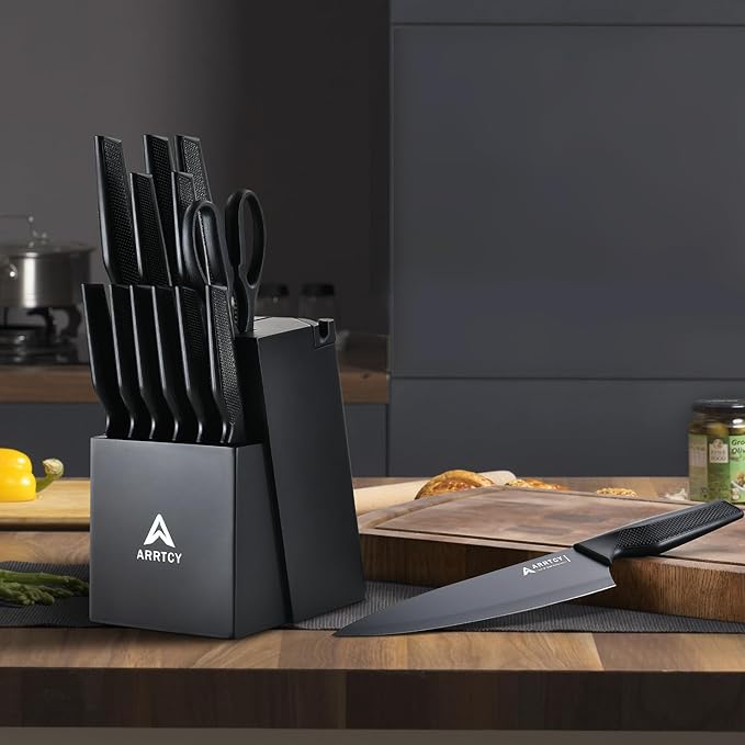 Knife Set with Block - Kitchen Knife Set German High-Carbon Steel - 15-Piece with Built-in Sharpener & Dishwasher Safe - Ergonomic Anti-Slip Handles,Black,Gift Box Included - Image 6