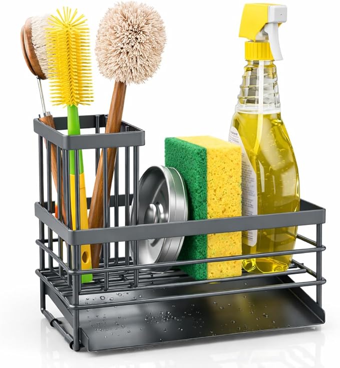 Cisily Sink Caddy Sponge Holder for Kitchen with Brush Holder and Stainless Steel Self Drain Tray, Rustproof Kitchen Sink Organizer for Sponge, Soap Dispenser Storage Accessories (Gray) - Image 7