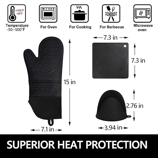 Silicone Oven Mitts and Pot Holders Sets, MTZRFLL Extra Long Heat Resistant Oven Gloves with Hot Pads and Mini Oven Mits Set for Kitchen Baking Cooking, Soft Quilted Lining, Pack of 6 (Black) - Image 6