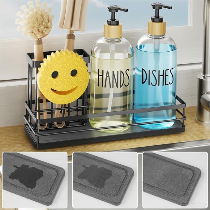 Moforoco Kitchen Dish Soap Dispenser Set, 16OZ Glass Bottle, Hand and Dish Soap Dispenser Set, Instant Dry Tray, Brush Holder with Smiley Face Sponge Holder (Black Tray+Clear Bottle) - Image 8