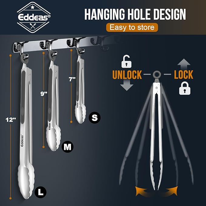 EDDEAS Tongs For Cooking - Heat Resistant 600 Degrees Stainless Steel Kitchen Tong,Heavy Duty Metal Locking Tongs - Perfect for Food, BBQ set of 3 (7",9" and 12") Grey - Image 7