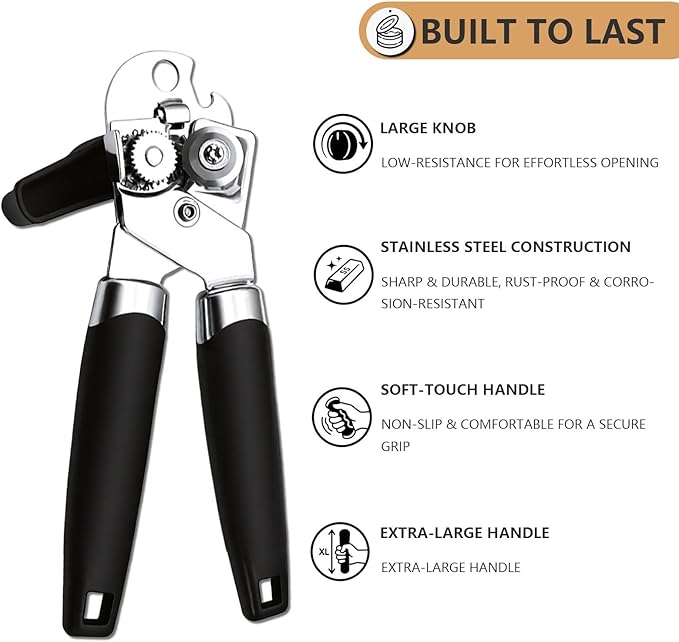Can Opener Manual Heavy Duty - Hand Held Strong Can Openers for Seniors with Oversized Turn Knob, Soft Grip Sharp Blade, Solid Steel Hand Manual Can Open for Kitchen & Camping