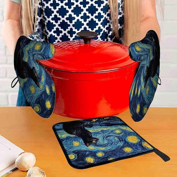 LOKMU Oven Mitts and Pot Holders Set of 3, Starry Night and Black Cat Heat Resistant Kitchen Gloves Hot Pads for Cooking Baking BBQ, Kitchen Decor Gifts for Cooking Lover Cooks