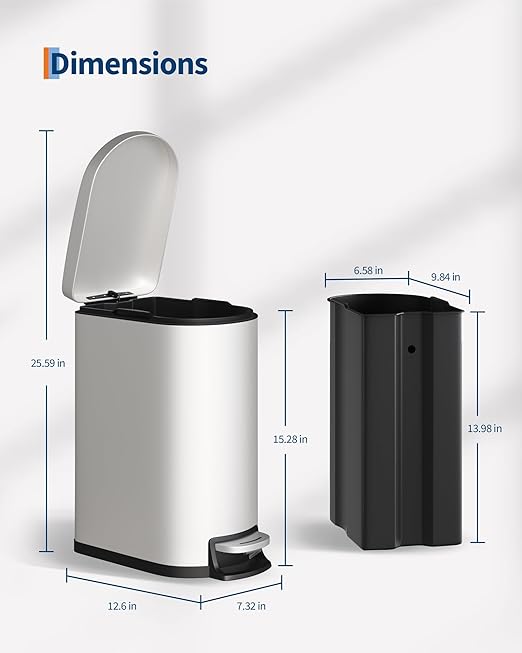 Garvee 13 gal (50 L) and 2.6 gal (10 L) Metal Trash Can Combo Set, Rustproof Garbage Can with Lid, Step-on Trash Bin with Inner Bucket, Rear Handle, White - Image 9