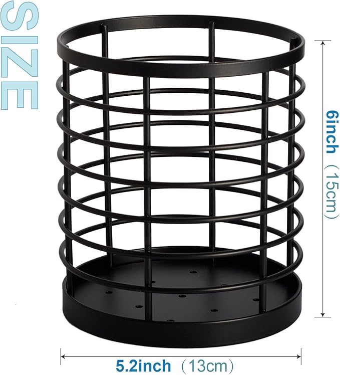 WDT Tool Utensil holder for Kitchen Counter - 5.2" x 5.2" x 6" Large Round Utensils Holder with Wooden Base Matte Black Cooking Utensil Holder,Kitchen countertop Utensil Organizer (Metal) - Image 4