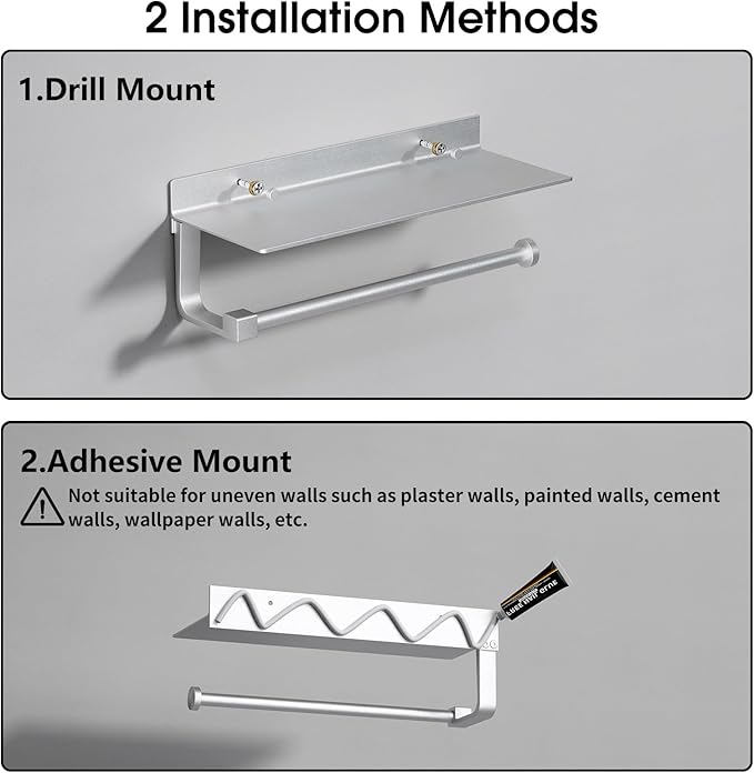Danpoo Wall Mount Paper Towel Holder with Shelf for Bathroom/Kitchen, Adhesive Hand Towel Holder, Matte Silver - Image 8