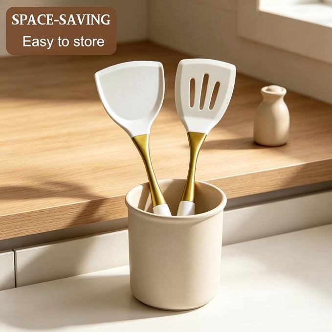Heat-Resistant Kitchen Spatula Set – Non-Toxic Cooking Utensils with Solid & Slotted Designs –Food Grade Silicone and Gold-Plated Stainless Steel Handles –Ideal for Nonstick Cookware, Gold - Image 8