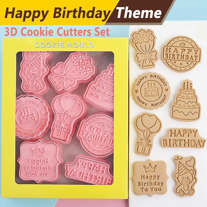 8 Pcs Cookie Cutters Set 3D Holiday Cookie Cutters for Party Baking Decoration (Birthday Theme)