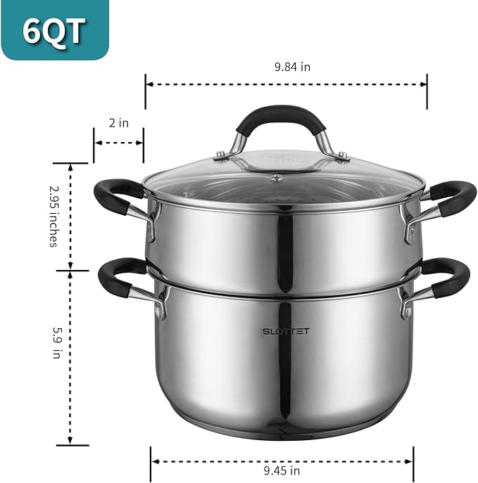 SLOTTET 6 Quart Stainless Steel Stock Pot with Steamer,6 Qt Multipurpose Stockpot with Stay-cool silicone Handle and Glass Lid,Soup Pot for Cooking