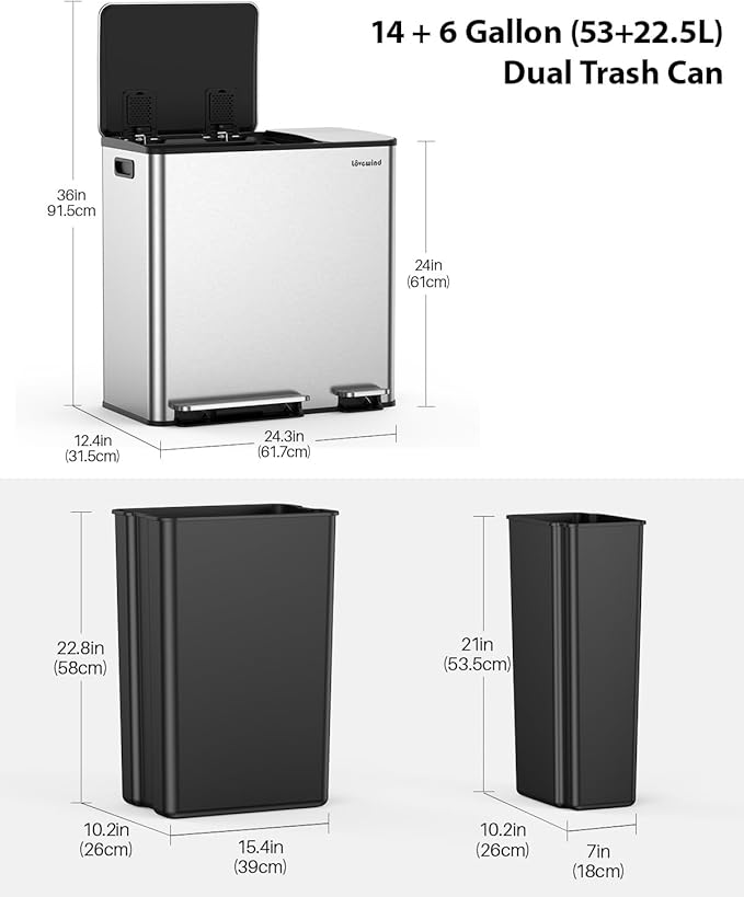 Lovewind Dual Trash Can, 14 + 6 Gallon Garbage Can for Kitchen Dual Compartment Recycling Kitchen Step Trash Bin, Stainless Steel Trash and Recycle Bin Combo with Soft-Close Lid, Silver - Image 7