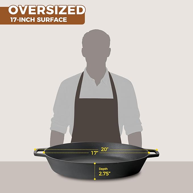 EDGING CASTING Pre-Seasoned Large Cast Iron Skillet 17 Inch, Dual Handle Outdoor Camping Frying Pan, Pizza Pan, Use for Grill, Stovetop, Induction, Oven Safe Cookware