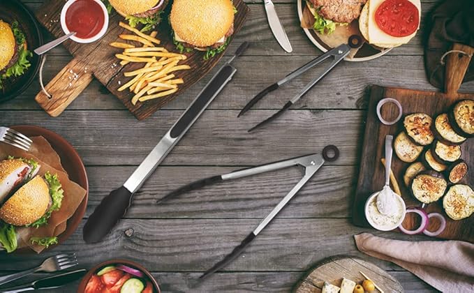 Serving Tongs Kitchen Tongs - Heat Resistant, Premium Stainless Steel Locking Cooking Tongs with Silicone Tips, Non-Slip Food Tongs for Cooking, Heavy Duty, Non-Stick (9 Inch(4 Pack))