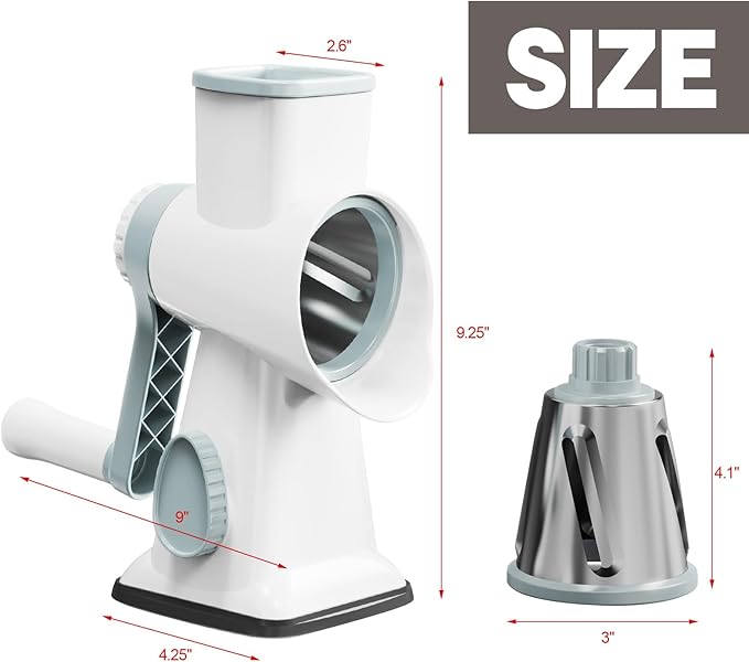 Cheese Grater Cheese Shredder with 3 Interchangeable Blades, Rotary Cheese Grater Manual Vegetable Slicer with Non-slip Suction Base Peanut Nuts Grinder Vegetable Shredder White - Image 9