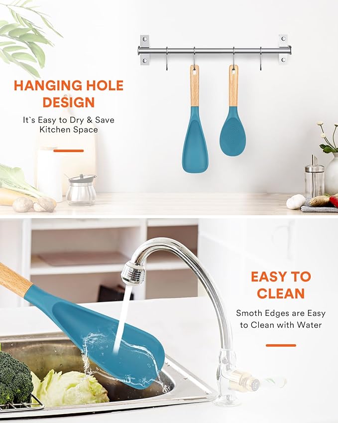 Cooking Spoon and Rice Scooper for Nonstick Cookwares, Great for Cooking and Serving Sturdy BPA-Free Matte Silicone, Wood Handle Spoon for Mixing, Scoop, and Scrape (Turquoise)