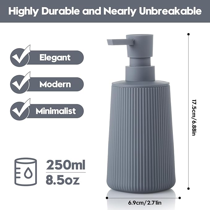 Small Soap Dispenser for Bathroom and Kitchen, Modern Farmhouse Striped Style Plastic Hand Soap Dish Soap Dispenser with Pump Matte Gray - Image 6