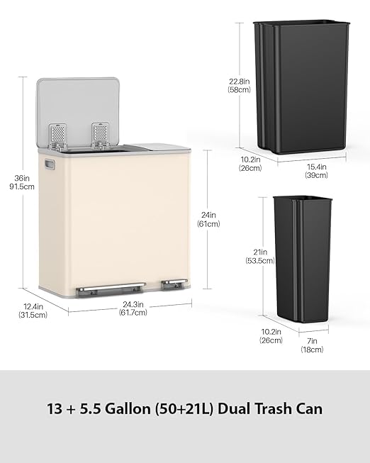 Lovewind Double Trash Can Kitchen, 13+5.5 Gallon Stainless Steel Dual Trash and Recycle Bin Combo with Silent Close Lid, Heavy-Duty Foot Pedal, Easy to Clean Garbage Can for Large Families, Apricot