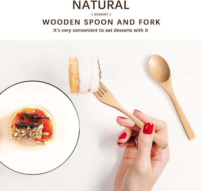 8pcs 6.3inch Schima Wooden Utensil Set Including Spoons and Forks, Reusable Handmade Natural Wooden Cutlery, Sustainable Responsible Wood Flatware Set for Stirring Eating&Camping