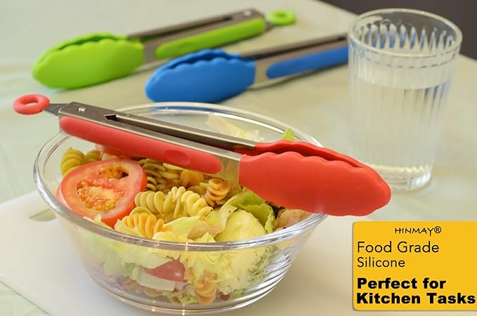 HINMAY 9" Silicone Kitchen Tongs with Silicon tips, Set of 3 (Red Blue Green) - Image 6