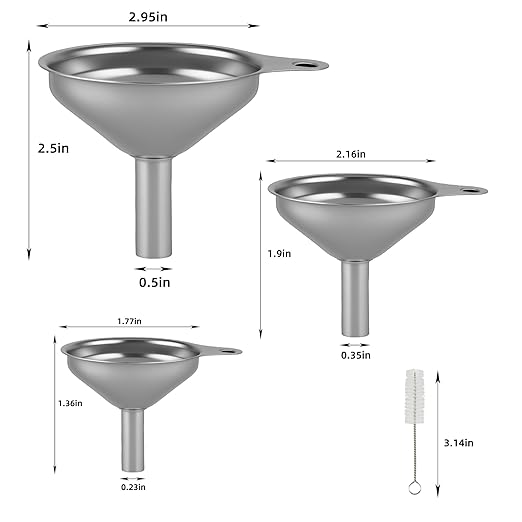 Stainless Steel Kitchen Funnel, Large, Medium and Small Three-piece Set with Cleaning Brush, Mini Metal Kitchen Funnel, for Transferring Liquids and Small Solids, Spices, Essential Oils, Fluid Foods