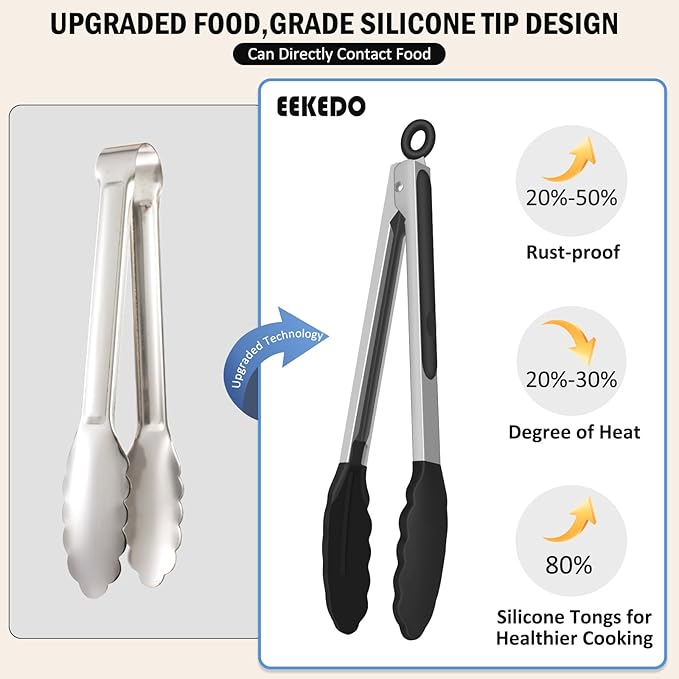 Tongs for Cooking, 600ºF High Heat-Resistant Stainless Steel Kitchen Tongs with Silicone Tips, Non Scratch, Locking Tong for BBQ Grilling Air Fryer Food Salads, Set of 2 (9" and 12") Black - Image 9