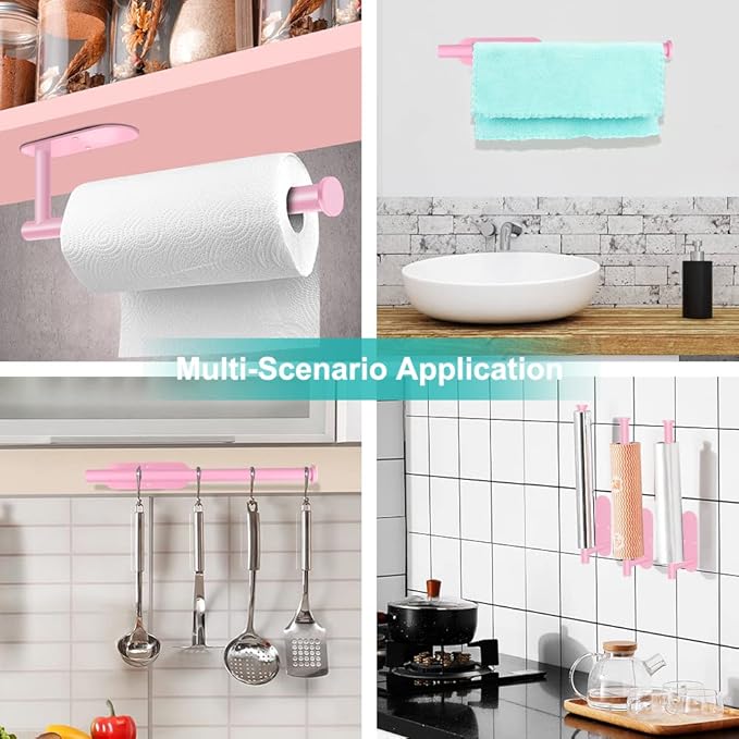 MGahyi Paper Towel Holder Wall Mount, Self Adhesive Or Drilling Paper Towel Holder Under Cabinet, 13.2 inch Stainless Steel Kitchen Paper Towel Roll Rack, Bathroom Towel Roll Hanger(Rectangle-Pink) - Image 6