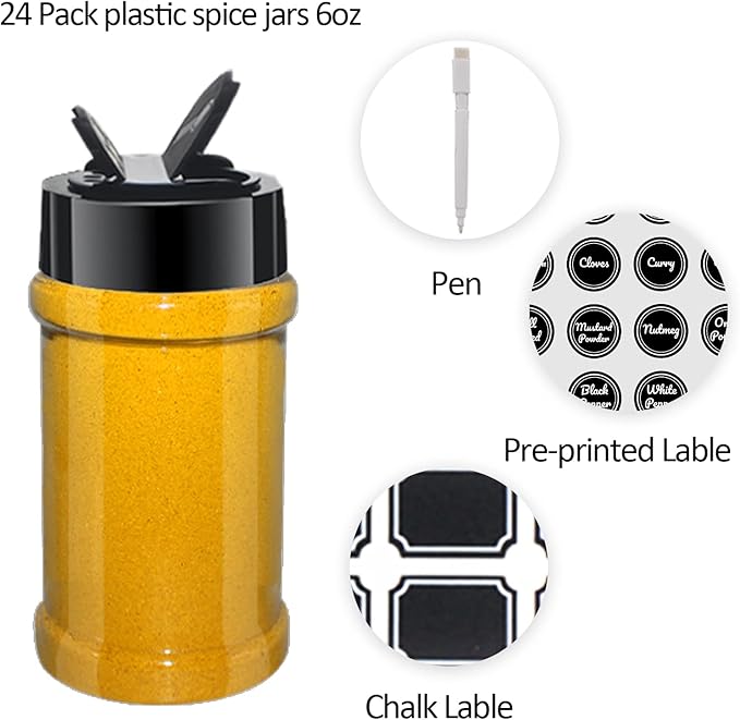 24 Pack 6oz Clear Plastic Spice Jars With Black Lids, Empty Round Spice Bottles, Plastic Seasoning Containers with Chalk Labels, Pen, Spice Containers For Kitchen Cabinet - Image 6