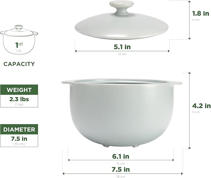 MINH LONG 1-Qt Porcelain Dutch Oven with Lid – Lead & Cadmium Free, Oven Safe to 482°F, Heat Retention, Clay Pot for Cooking on Gas & Infrared Cooktop, Use to Marinate, Cook, Bake, Refrigerate & Serve