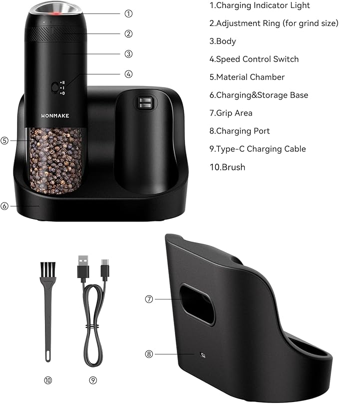 WONMAKE Gravity Electric Salt and Pepper Grinder Set with Charging Base, Automatic Salt and Pepper Mill, 6-Level Adjustable Coarseness, Dual Speed, and Large 5.95oz Capacity - Image 9