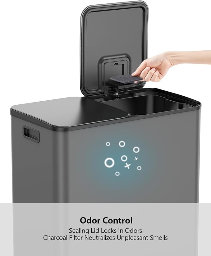 Lovewind Dual Trash and Recycling Bins for Kitchen, 2 * 11-Gallon Stainless Steel Double Trash Can, Step-On Garbage and Recycle Combo, Quiet Close, Pet-Proof, Compatible with 13-Gallon Bags, Grey - Image 8