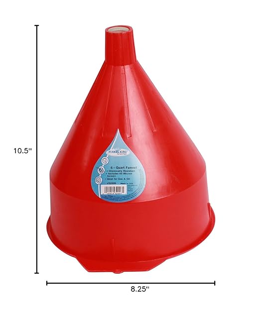 WirthCo 32006 Funnel King Red Polyethylene Funnel with Screen/Strainer, Funnel for Oil, Fuel, Gas, and Automotive, Large 6-quart Capacity - Image 6