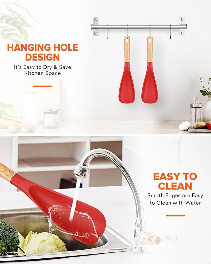Cooking Spoon for Nonstick Cookwares, Great for Cooking and Serving Sturdy BPA-Free Matte Silicone, Wood Handle Spoon for Mixing, Scoop, and Scrape (2 Pack of Red, 11.4 inch) - Image 7