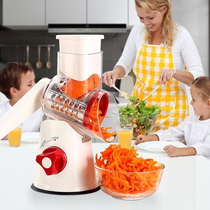 Ourokhome Rotary Cheese Grater Hand Crank, Kitchen Shredder Speed Mandolin Slicer Nuts Grinder with Handle and Drum Blades for Cheese, Vegetable, Chocolate, Potato, Carrot, 3 Blades, White Red - Image 8