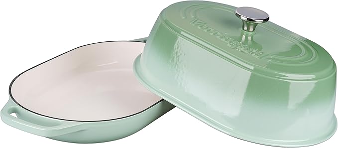 VORRINGARD Enameled Cast Iron Dutch Oven Pot with Dome Lid, Oval Bread Oven for Homemade Sourdough Bread Baking, Oven Safe up to 500°F, 6 Quart, Green