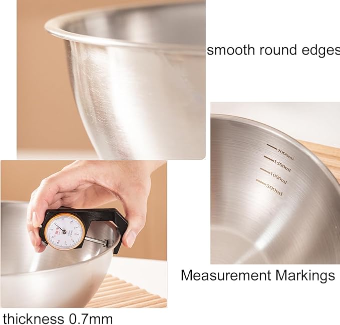 Stainless Steel Salad Bowls Set of 2 Mixing Bowl with Measurement Markings Snacks Bowls, 1.70 Quart Serving Bowls for Mixing, Cooking, Baking, Prepping and Home Kitchen Food Storage Bowls