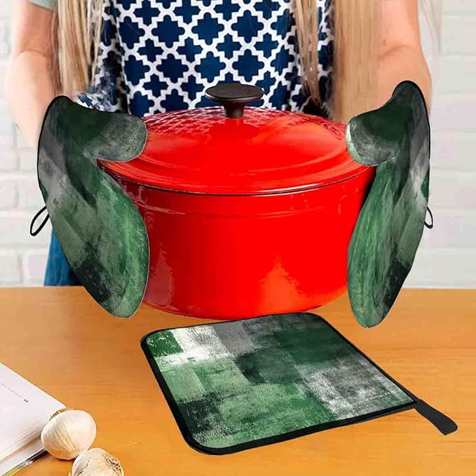 LOKMU Oven Mitts and Pot Holders Set of 3, Emerald Green and Grey White Abstract Art Heat Resistant Kitchen Gloves Hot Pads for Cooking Baking BBQ, Kitchen Decor Gifts for Cooking Lover Cooks