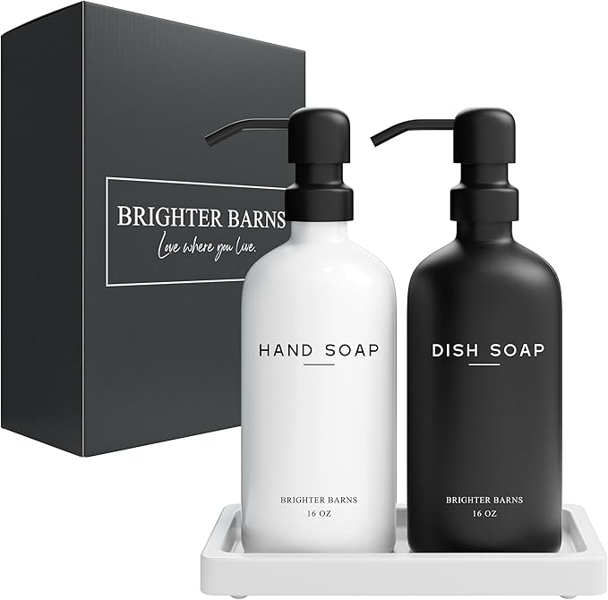 Luxury Glass Hand and Dish Soap Dispenser Set by Brighter Barns - Kitchen Soap Dispenser Set with Tray for Kitchen, Home or Restaurant - Modern Farmhouse Kitchen Decor (Black/White) - Image 8