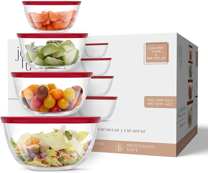 JoyJolt Kitchen Mixing Bowls - 8pc Glass with Lids Set – Neat Nesting Large Bowl Batter Cooking Storage and Big Salad BPA-Free Red - Image 8