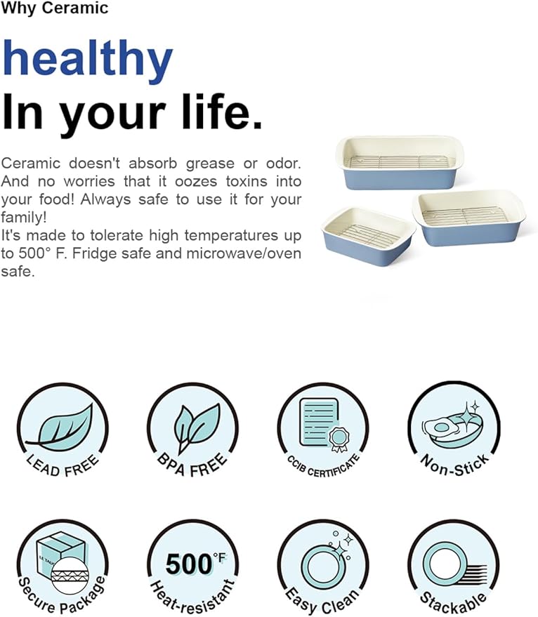 LE TAUCI Deep Casserole Dishes for Oven, 13.7”x9.6” Ceramic Baking Dish Set with Roasting Racks, Large Lasagna Pans with Handles, Rectangular Bakeware as Gift for Mom, Dusty Blue (4.6QT/3.0QT/1.6QT), Set of 3 - Image 9