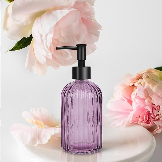 Topsky Stripe Glass Soap Dispenser with Black Plastic Pump, 400ml Liquid Hand Soap Dispenser, Rustproof Pump for Kitchen & Bathroom, Great for Lotions, Essential Oil, Liquid Soaps-Purple - Image 7