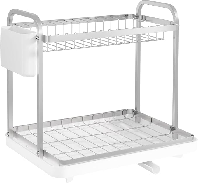 Sakugi 2-Tier Dish Drying Rack - Stainless Steel Dish Rack with Cutlery & Utensil Holders for Kitchen Counter, Sink Organization and Storage for Small Family, 15" W x 11.4" L x 15" H, White - Image 3