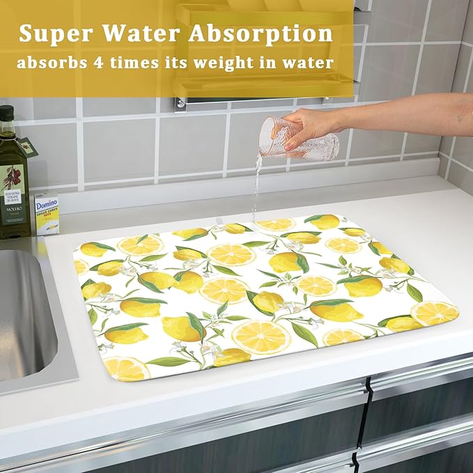 Lemon Dish Drying Mat for Kitchen Counter Spring Summer Microfiber Absorbent Dish Draining Reusable Washable Foldable Extra Large 18"x24" - Image 7