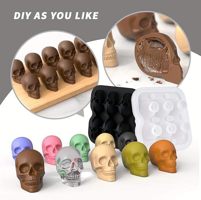 Skull Ice Cube Mold, 6-Cavity Silicone Ice Tray for Whiskey, Cocktails, and Beverages, Food-Grade Flexible Ice Maker for Halloween & Party Drinks, Easy Release & Dishwasher Safe