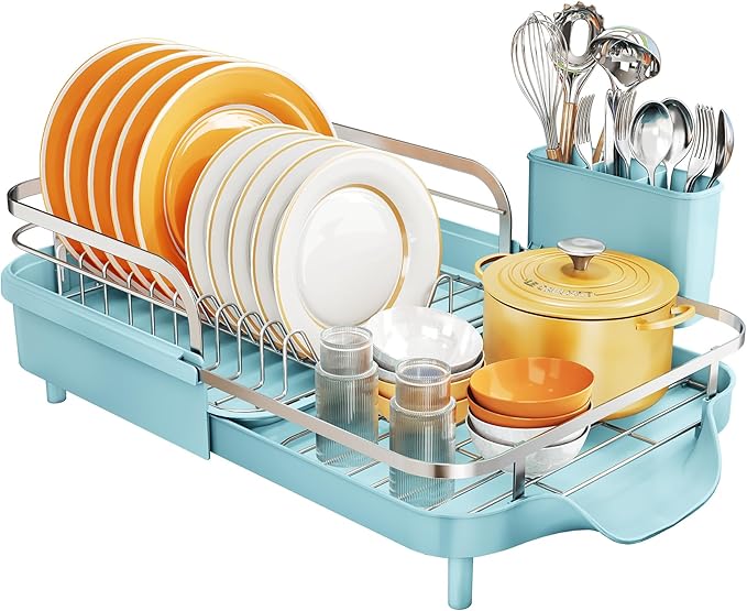 SNTD Dish Drying Rack, Expandable Dish Rack for Kitchen Counter, Stainless Steel Dish Drainer with Drainboard Set and Utensil Holder (Blue) - Image 8