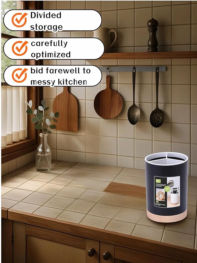 BUBBLE-FLY Modern Kitchen Utensil Holder with Drainage, Black and Wood Base, 3 Compartment Divided Organizer for Spoons Forks Knives, Countertop Caddy for Cooking Tools and Cutlery Storage- Non-Slip - Image 9