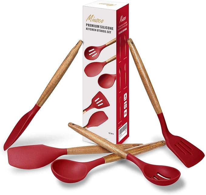 Kitchen Utensils Set, Silicone Cooking Utensils Set,Non-Stick Silicone Spatula Set with Natural Acacia Hard Wood Handle, 5 Piece, Upgraded Thickened Cookware - Image 9