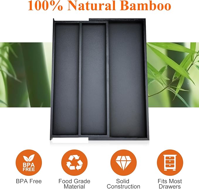 Bamboo Kitchen Tool Drawer Organizer Storage Black Cutlery Tray Expandable Silverware Drawer Divider Organizers Large Cooking Utensil Holder for Drawers Spoon Flatware Organizer Silverware Trays - Image 7